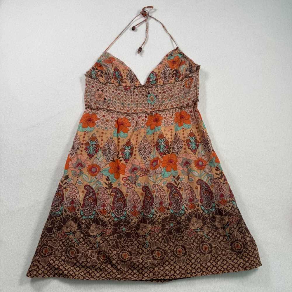 Y2K Bershka Orange Floral Paisley Halter Top Smocked Cotton Boho Womens Medium - Picture 5 of 9